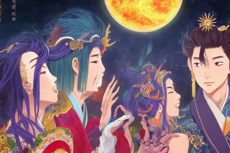 Image similar to close up moment of a divine a japan sun god and a moon goddess lovers magician at a wedding banquet, highly detailed, genshin, fantasy, 4 k realistic, digital painting, trending on artstation, concept art, sharp focus, illustration, art by makoto shinkai and akihiko yoshida and daniel gerhartz