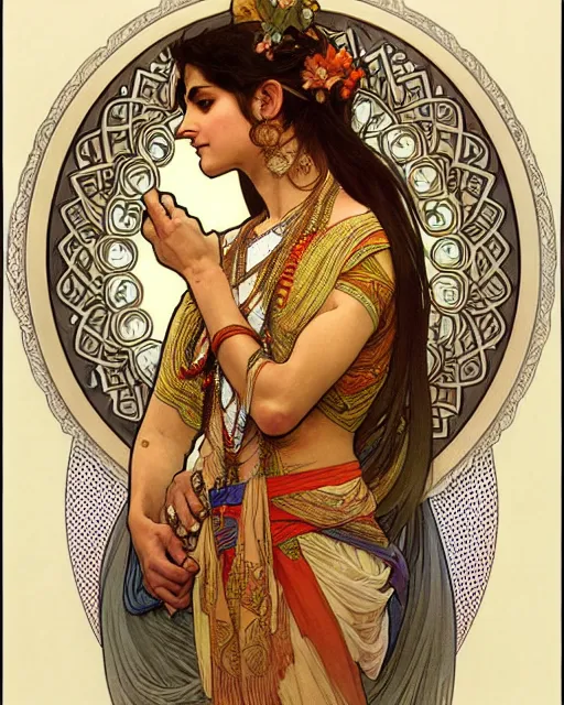 Image similar to amazing lifelike award winning pencil illustration of Krishna in style of Alphonse Mucha, trending on art station artgerm Greg rutkowski alphonse mucha cinematic, epic Lighting