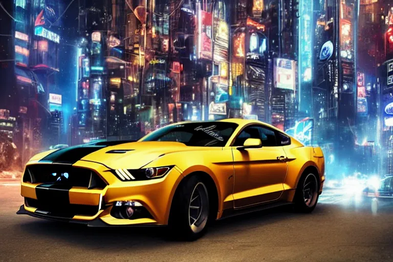 Image similar to ford mustang in cyberpunk city