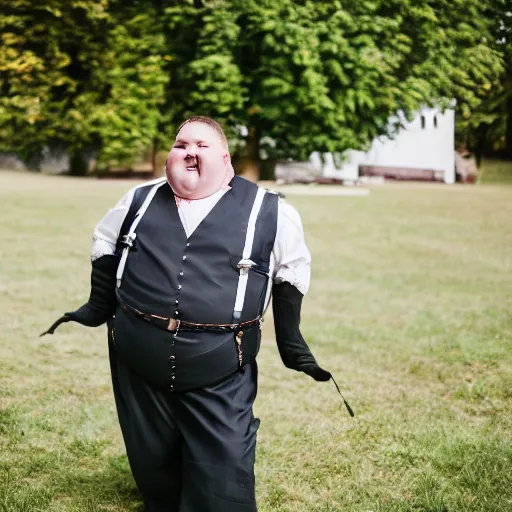 Image similar to An obese german in Lederhosen at a wedding, EOS-1D, f/1.4, ISO 200, 1/160s, 8K, RAW, unedited, symmetrical balance, in-frame