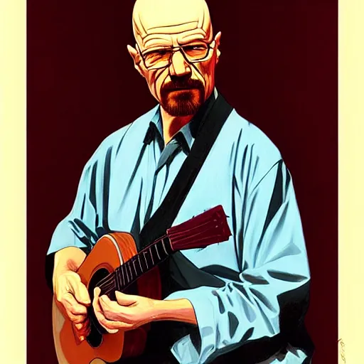 Image similar to painting of walter white as robbie basho the influential folk blues and fingerstyle guitar player, painted by leyendecker