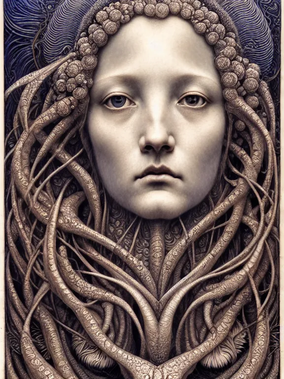 Image similar to detailed realistic beautiful moon goddess face portrait by jean delville, gustave dore, iris van herpen and marco mazzoni, art forms of nature by ernst haeckel, art nouveau, symbolist, visionary, gothic, neo - gothic, pre - raphaelite, fractal lace, intricate alien botanicals, ai biodiversity, surreality, hyperdetailed ultrasharp octane render