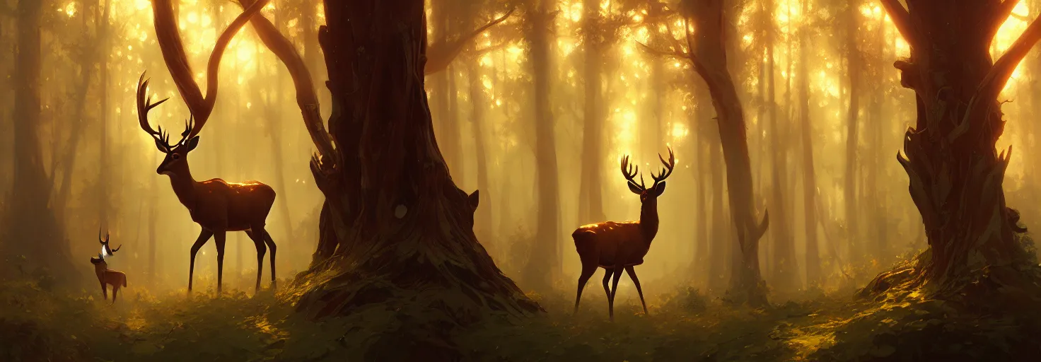 Image similar to Deer in Sherwood Forest, full frame, highly detailed, digital painting, artstation, concept art, smooth, sharp focus, illustration, art greg rutkowski and alphonse mucha