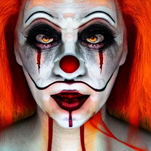 Image similar to profile portrait of a female clown horror, horror movie characters, horror movie icons, orange dawn, hyperrealistic