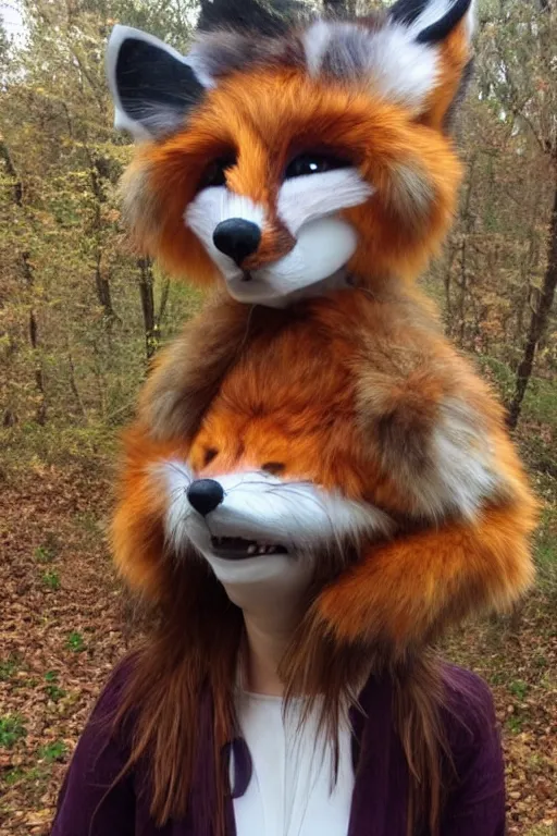 Image similar to photo of a woman in a realistic fox fursuit