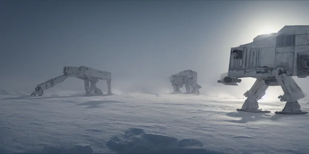 Image similar to AT-AT walker, Hoth, fog, snow, volumetric lighting, beautiful, golden hour, sharp focus, ultra detailed, cgsociety