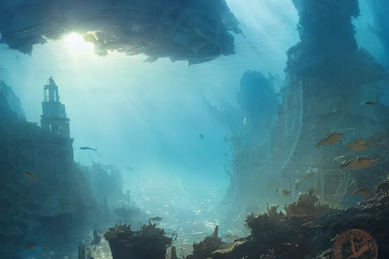 Image similar to a scenic view of the lost and abandoned city of Atlantic under water, ray of sunlight, whale fall, fish flocks, Greg Rutkowski, Moebius, Mohrbacher, Mucha, blue and gold color scheme, ultra wide angle, light effect