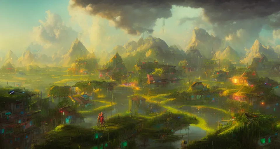 Image similar to cyber punk village on top of rice fields by peter mohrbacher, vivid colors, matte painting, 8K, concept art, mystical color scheme, trending on artstation