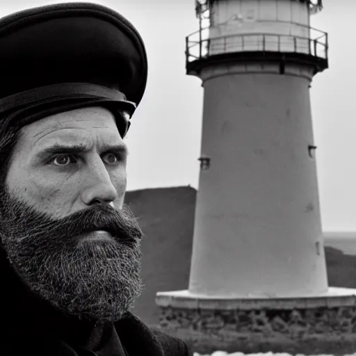 Image similar to Live Action Still of Jerma985 in a film as a Lighthouse Keeper with an overcoat, hat, and beard, black and white, hyperrealistic, ultra realistic, realistic, highly detailed, epic, HD quality, 8k resolution, body and headshot, film still