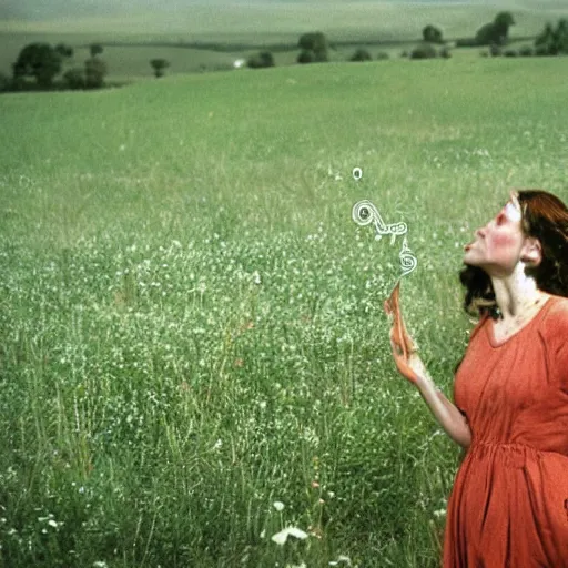 Image similar to beautiful woman with a long dangly nose, with extra eyeballs, in the countryside 1974 arthouse film, archival footage, technicolor film expired film