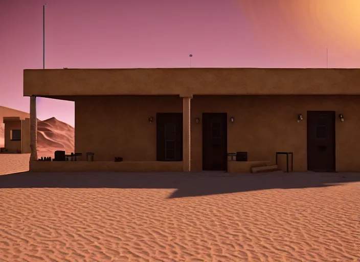 Prompt: realistic exterior photo of a mexican restaurant, vaporwave, in a flat barren desert. sandstorm, 15mm. Very detailed 8k. Sharp. Cinematic post-processing. Unreal engine. Nanite. Ray tracing. Parallax. Tessellation