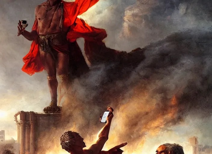 Prompt: julius caesar taking a selfie with an iphone as rome burns behind him by wlop and raymond swanland