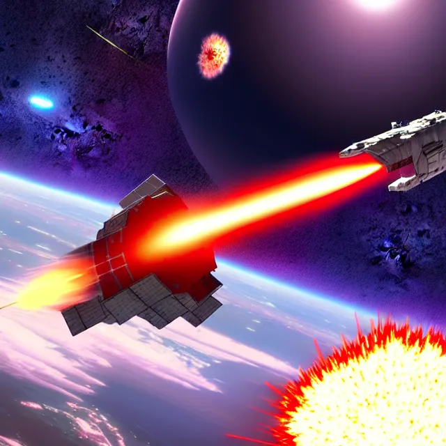 Prompt: a photo the last battleship attacks the planet killer superweapon in space, explosions, lasers, photorealistic, chuckcheese render by tomino - sama