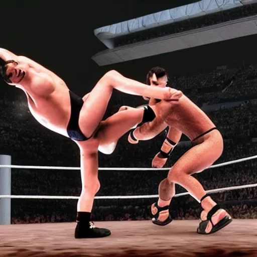 Image similar to WWF royal rumble 1998, realistic render