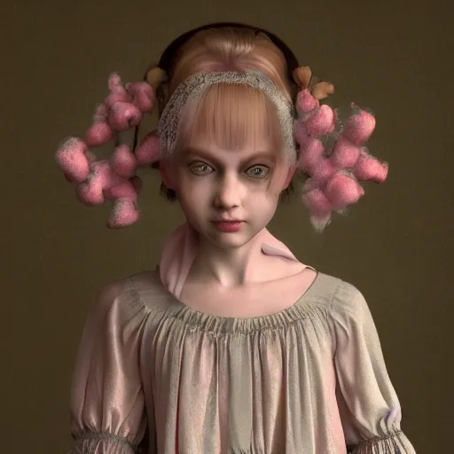 Prompt: 8 k, octane render, realism, tonalism, renaissance, rococo, baroque, cotton candy, portrait of a creepy young lady wearing long 1 9 7 0 s babydoll dress with flowers and skulls