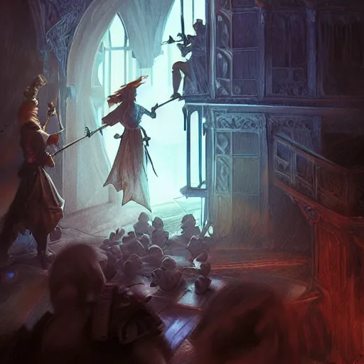 Prompt: D&D fantasy combat fighting blue ghosts on a ship lower deck, intricate, elegant, highly detailed, D&D, digital painting, artstation, concept art, matte painting, sharp focus, illustration, glowing light and shadow, atmospheric, shadowy, cinematic, in the style of Greg Rutkowski and artemisia gentileschi and Alphonse Mucha