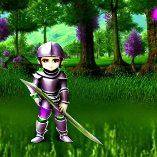 Image similar to render of a chibi knight standing a poison forest, poison is purple clouds among green trees, third person game screenshot 2 0 1 1, ps 3