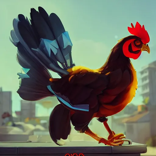 Prompt: a chicken as a overwatch character, artwork by greg manchess, medium shot, asymmetrical, organic painting, sunny day, matte painting, bold shapes, hard edges, street art, trending on artstation, by huang guangjian and gil elvgren and sachin teng