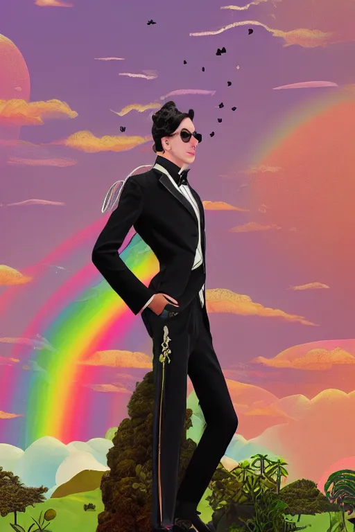 Image similar to Ethereal safari landscape with a pink rainbow sky under a god moonstone, black leather and embroidered Lolita dapper tuxedo in velvet, rich color, dramatic cinematic lighting, featured on Artstation, extremely detailed by Lisa Frank