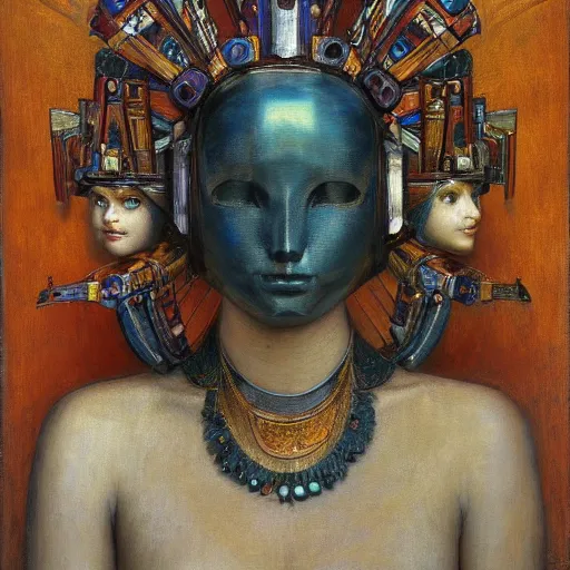 Image similar to the young robot queen with her feathered bird mask, by annie swynnerton and diego rivera and elihu vedder, symbolist, dramatic lighting, elaborate geometric ornament, head and shoulders view, art brut, soft cool colors, smooth, sharp focus, extremely detailed, adolf wolfli and donato giancola