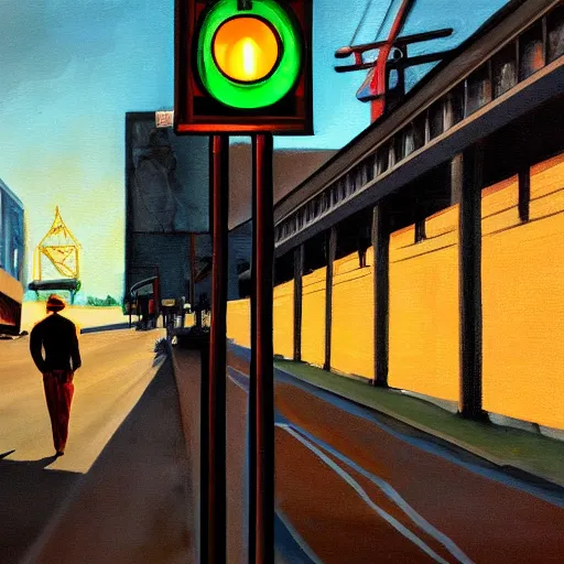 Image similar to ups deliveryman walking aline, glum feeling, down art deco highway, goliath statue support beams, ayn rand raised highway, filiment buld traffic lights, golden light, dark oil painting, global illumination