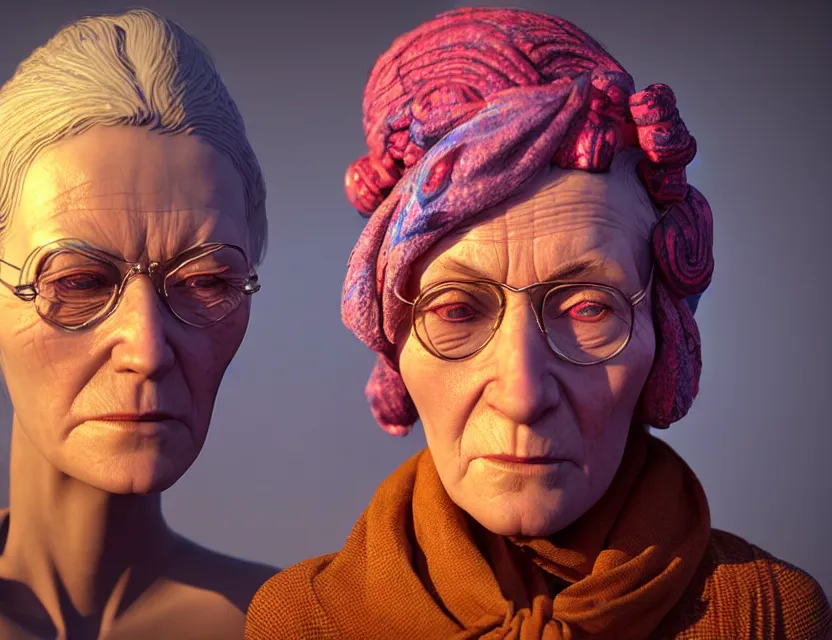Prompt: cinematic bust portrait of psychedelic beautiful granny, a scarf tied on the head, robot cyborg by jean giraud, trending artstaition, unreal engine