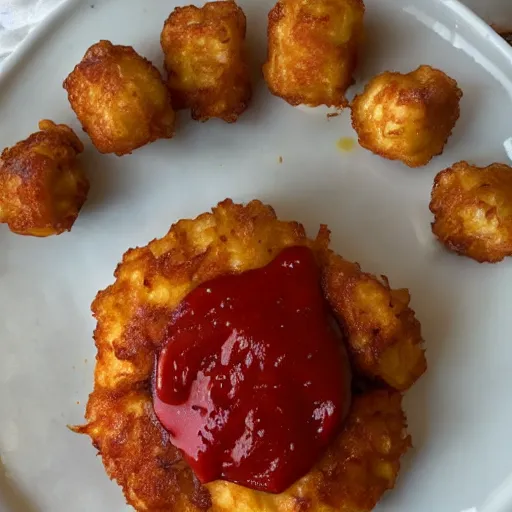 Image similar to food photo of channing tatum's face as tater tot on a plate with ketchup