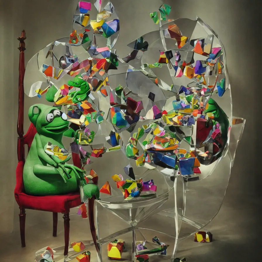 Prompt: beautiful studio photograph of a surrealist assemblage of kermit the frog eating a colorful platonic solid in a chair made out of stained glass in the presidential suite, made of watercolor - painted plaster on a pedestal by ron mueck and matthew barney and rene magritte, hysterical realism intense cinematic lighting shocking detail 8 k