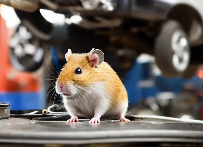 Image similar to film still of a hamster working as a mechanic in an auto shop, 8 k