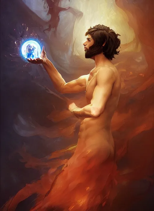 Image similar to character concept portrait of an attractive young focused Spanish wizard with pale orange skin conjuring an burning spell, a floating iridescent spell book in the center, intricate, elegant, digital painting, concept art, smooth, sharp focus, illustration, from Metal Gear, by Ruan Jia and Mandy Jurgens and William-Adolphe Bouguereau, Artgerm