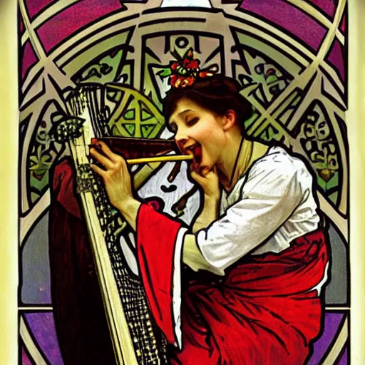 Image similar to a Happy Jester playing the harp, in the style of Alphonse Mucha