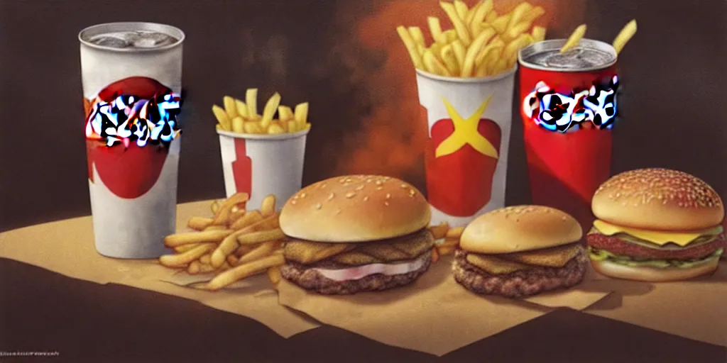 Image similar to MacDonald food, hamburger, french fries, Coca-Cola, redbull. Greg rutkowski