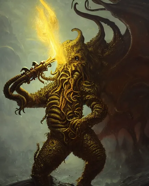 Image similar to oil painting of Cthulhu, wearing intricate fur armor, sharp focus, holding magical fiery Sword, magical aura, heroic pose, fantasy style, octane render, volumetric lighting, 8k high definition, by greg rutkowski, highly detailed, trending on art Station, magic the gathering artwork, magical Battlefield backround, centered