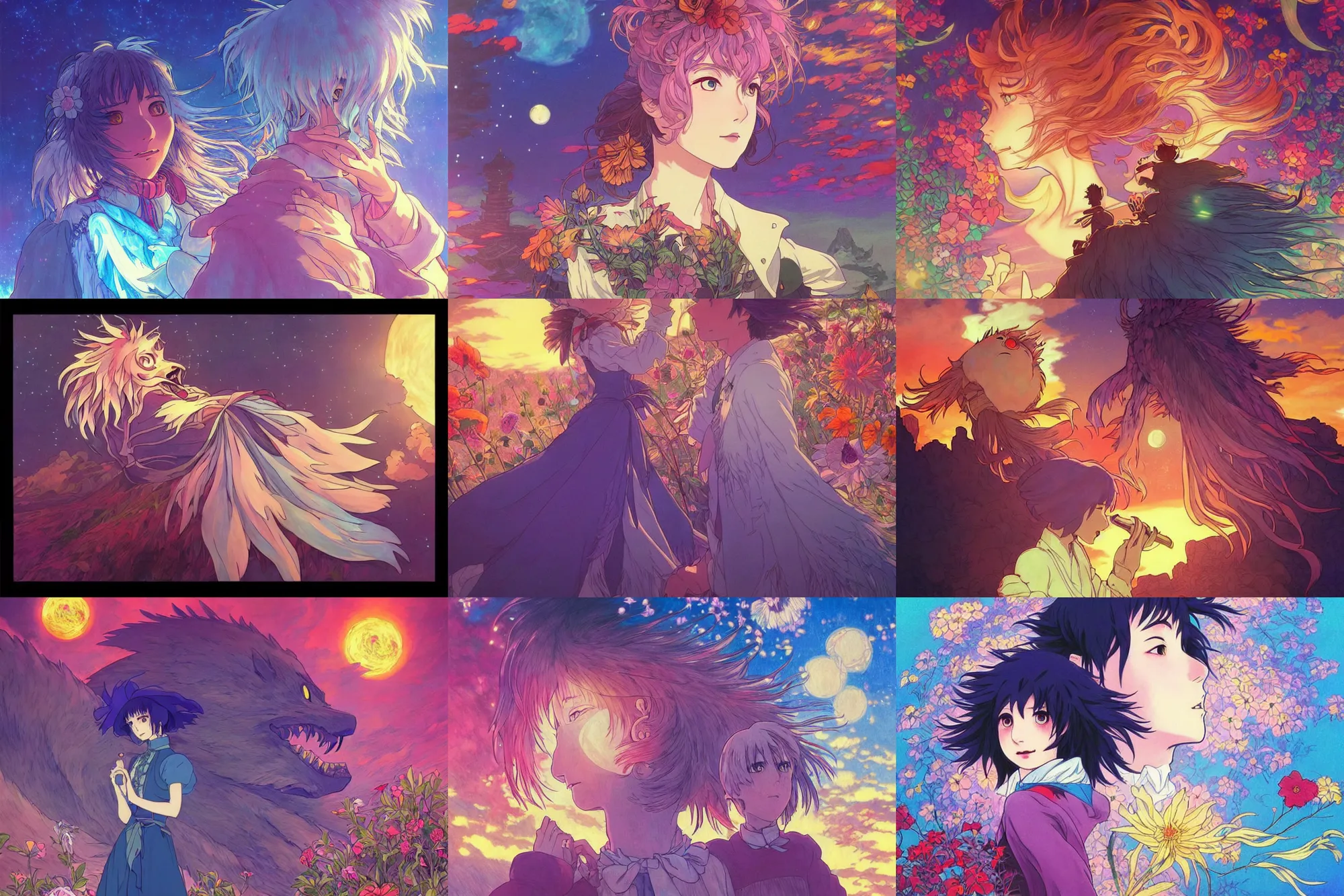 Prompt: howl from howls moving castle!!!, colorful night, japan, 4 k, ultra realistic, beautiful colors, epic lighting, flowers, high detail, masterpiece, trending on artstation by artgerm and akihito tsukushi and alphonse mucha, crayons