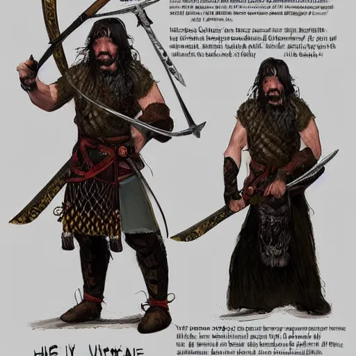 Prompt: full face and body character design reference art of Eoghaill of the Murine Hordes, a La Tene Culture Celtic chieftain and warrior, resplendent and proud of bearing, long black hair, hirstute and muscled, wielding a Celtic longsword, verminous seeming. high quality, high detail, realistic painting, in the style of: Angus McBride, Moebius aka Jean Giraud, and Michael William Kaluta. photorealistic light.