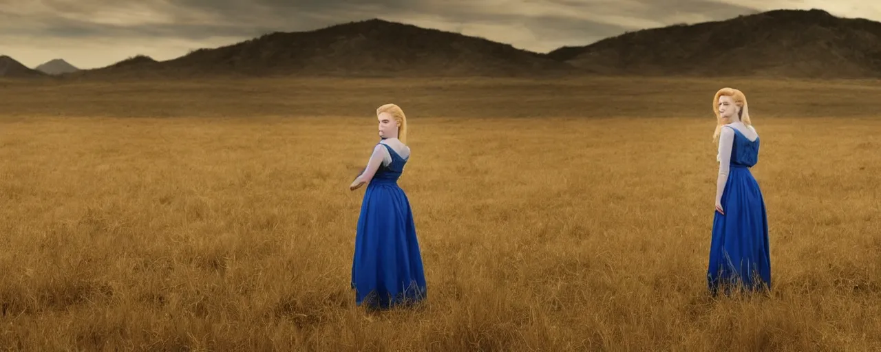 Image similar to evan rachel wood with blonde hair and a maiden blue dress in a field, old west, cinematic lighting, hyperrealistic, one person