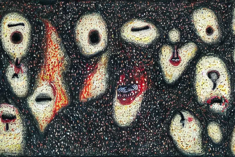 Image similar to teeth, smile, faceless people, black figures, dark, acrylic, clay, dots abstract, dripping, stipple, pointillism, technical, abstract, minimal, style of francis bacon, asymmetry, pulled apart, stretch, cloak, eerie, made of dots, abstraction chemicals, blotter, mask, colored dots, splotch, old painting style