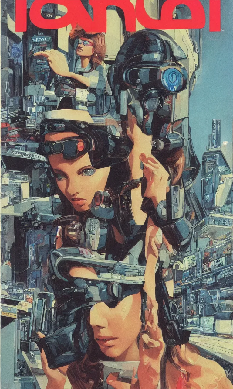 Image similar to 1979 OMNI Magazine Cover depicting a portrait of a Beautiful woman wearing AR goggles in a grocery store. Cyberpunk Akira style by Vincent Di Fate