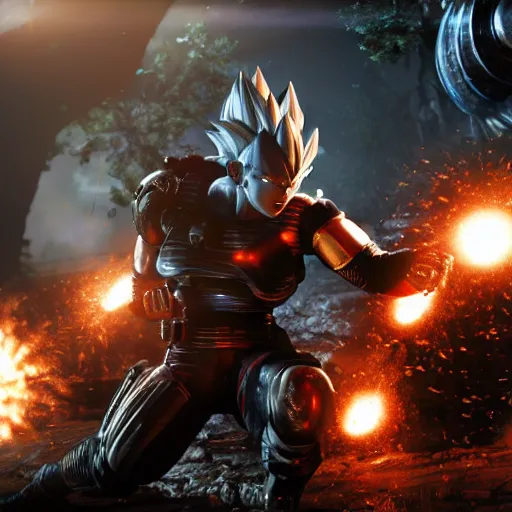 Image similar to vegeta in gears of war, splash art, movie still, cinematic lighting, ray tracing, octane render, long lens, shallow depth of field, bokeh, anamorphic lens flare, 8 k, hyper detailed, 3 5 mm film grain