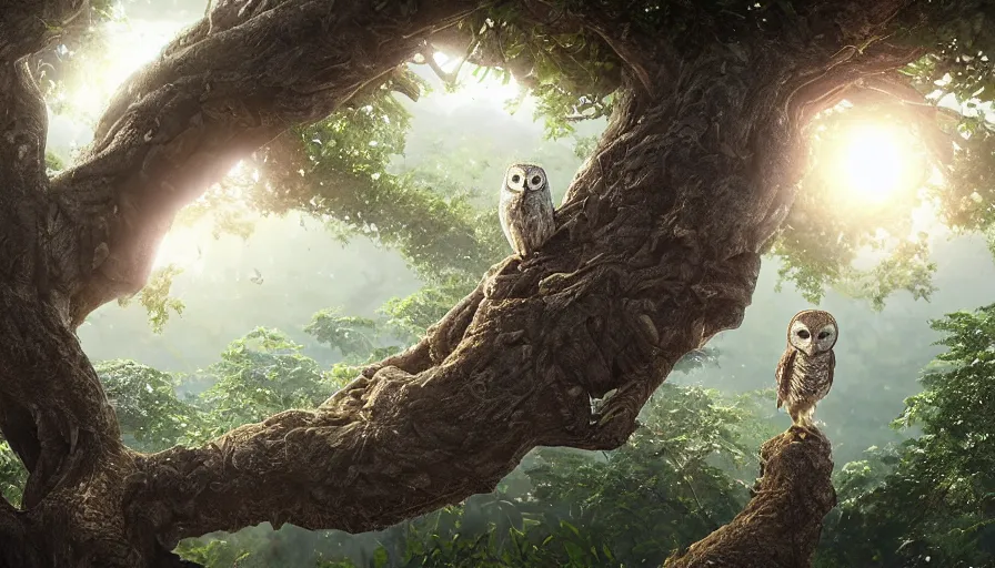 Prompt: very very small owl, sitting on a gigantic banyan tree in moonlit socotra island by ilya kuvshinov, starry night, rtx rendering, octane render 1 2 8 k, maya, extreme high intricate details by tom bagshaw, medium shot, close up shot, composition by sana takeda, lighting by greg rutkowski