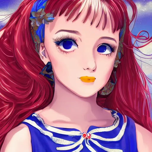 Prompt: beautiful little girl, profile picture, vintage fashion, highly detailed, reflection, 8 k, realistic artwork, hd, inspired by jojo bizarre adventure, 9 0 s anime art style