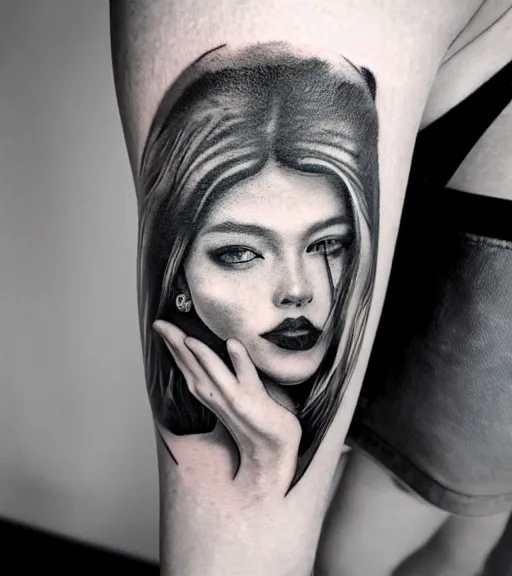 Image similar to a beautiful girl faded in a mountain background, in the style of den yakovlev, black and white, realism tattoo, hyper realistic, highly detailed