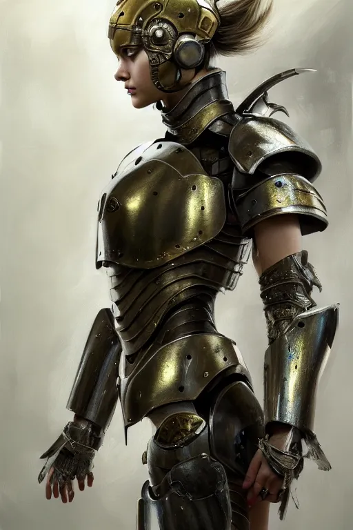 Image similar to a photorealistic painting of an attractive young girl, partially clothed in metal-plated battle armor, olive skin, long dark hair, beautiful bone structure, symmetrical face, perfect eyes, intricate, elegant, digital painting, concept art, illustration, sharp focus, minimal artifacts, from Metal Gear, in the style of Ruan Jia and Mandy Jurgens and Greg Rutkowski, trending on Artstation, award winning