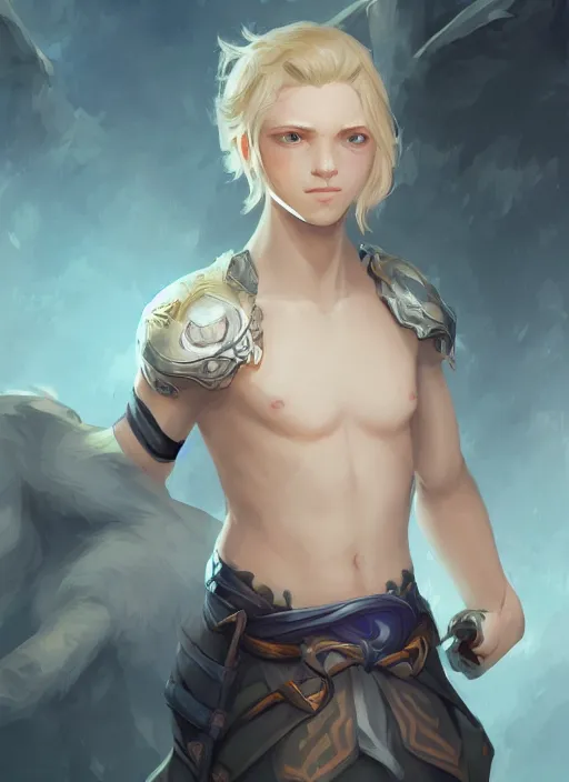 Image similar to a highly detailed illustration of cute little blonde blue eyes boy, wide eyed adventurous pose, intricate, elegant, highly detailed, centered, digital painting, artstation, concept art, smooth, sharp focus, league of legends concept art, WLOP