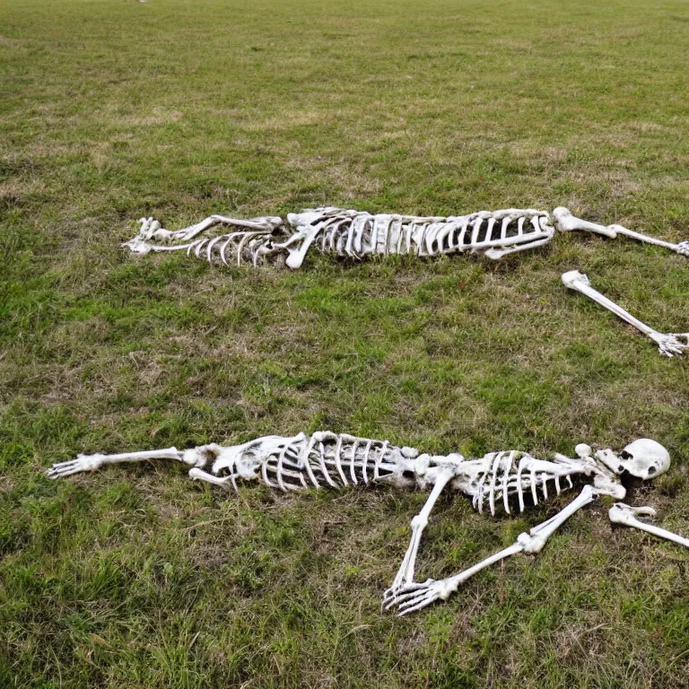 Prompt: decaying skeleton and bones. in a meadow