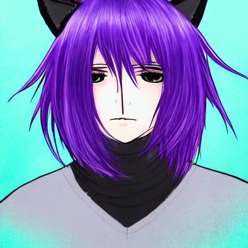 Prompt: Portrait art of a young man with purple hair and cat ears by shinji aramaki