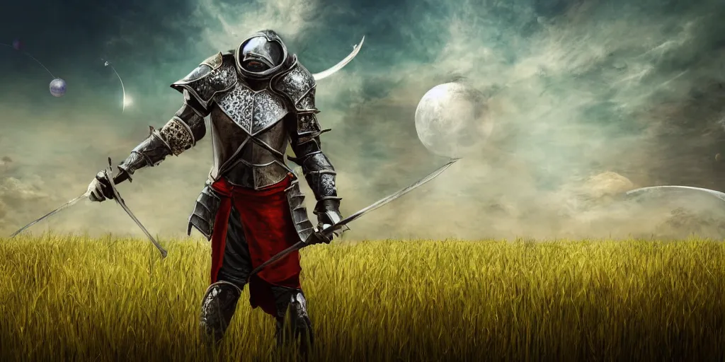 Image similar to medieval fantasy knight standing in a field, many planets in the sky behind him, craters, melancholy tone, composition, extremely detailed,