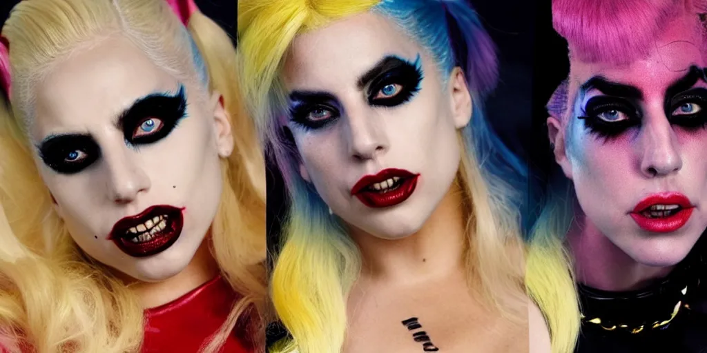 Image similar to lady gaga is harley quinn, volumetric lighting, beautiful, golden hour, sharp focus, ultra detailed, octane