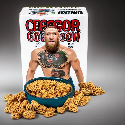 Prompt: conor mcgregor breakfast cereal box and bowl, product advertisement, photograph, close-up, professional photograph, well-lit, 8k DSLR,