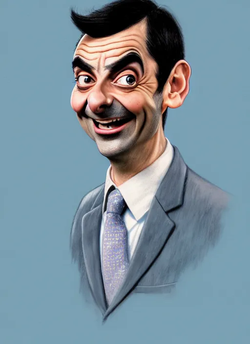 Prompt: highly detailed pencil sketch caricature portrait of smiling mr bean waiter by ross tran, by greg rutkowski, brush strokes, 4 k resolution, light blue pastel background